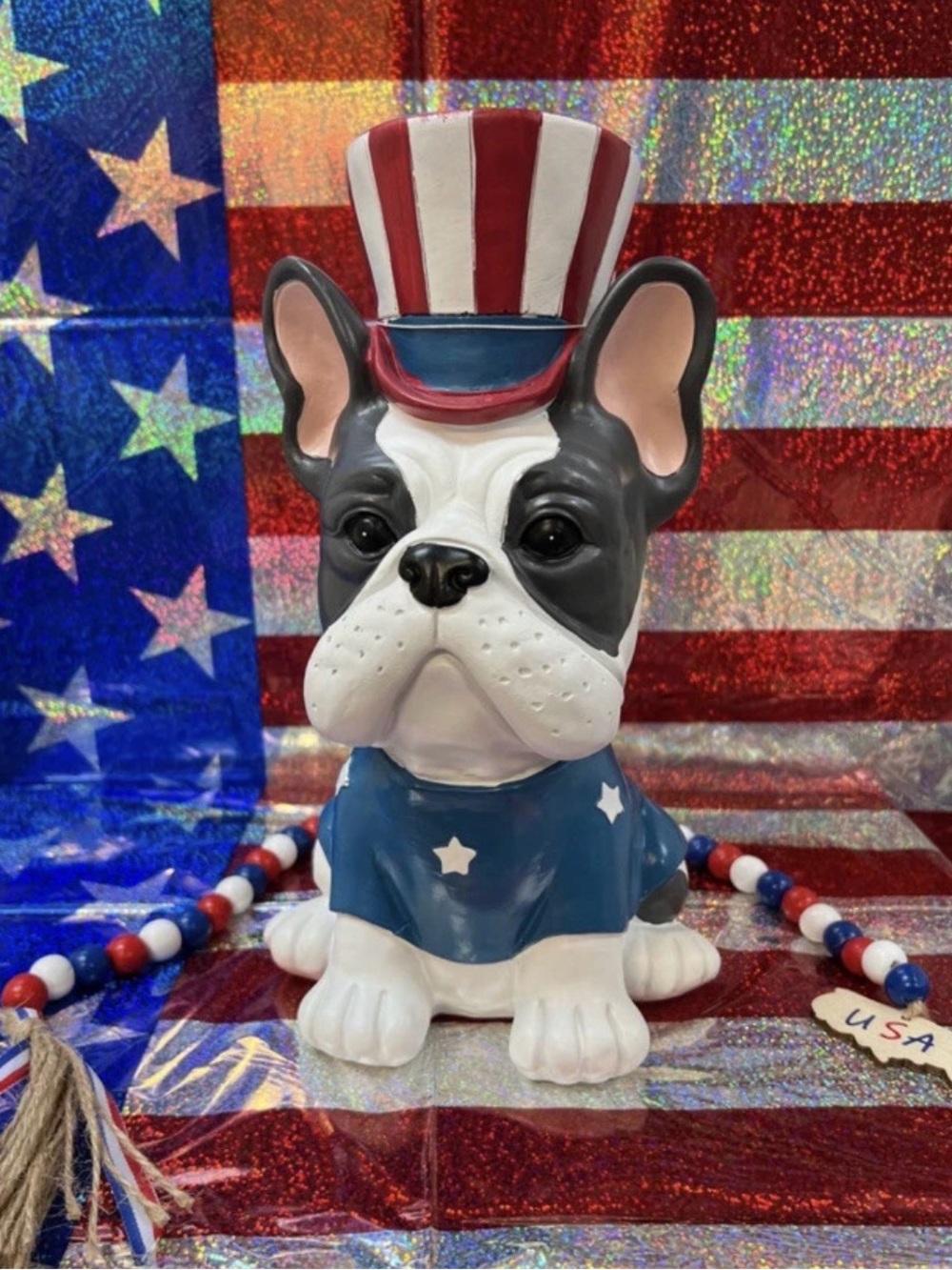 Patriotic French Bulldog Statue - Red, White & Blue